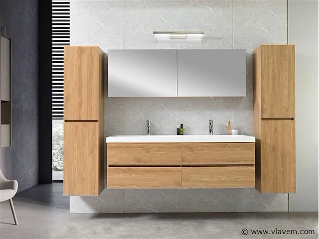 2-persoons badkamermeubel 145 cm licht hout decor - incl. kranen - afbeelding 1 van  12