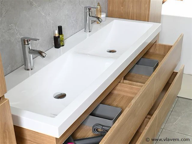 2-persoons badkamermeubel 145 cm licht hout decor - incl. kranen - afbeelding 6 van  12