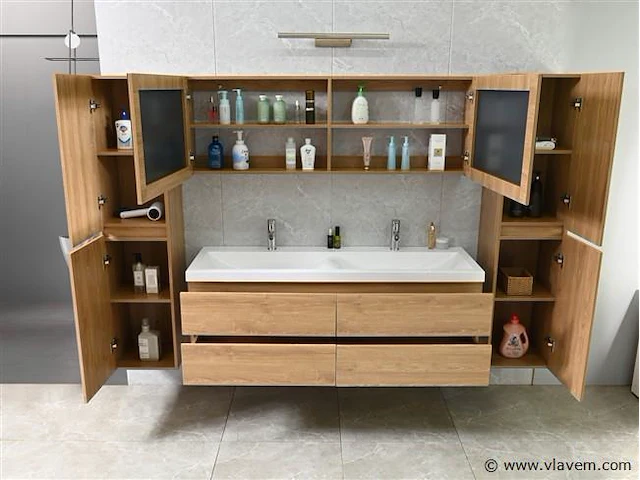 2-persoons badkamermeubel 145 cm licht hout decor - incl. kranen - afbeelding 11 van  12