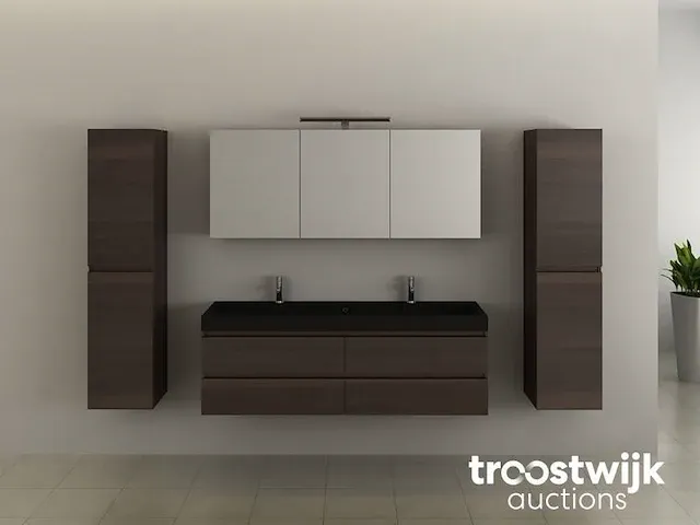 2-persoons badkamermeubel 150 cm donker hout decor - incl. kranen - afbeelding 2 van  5