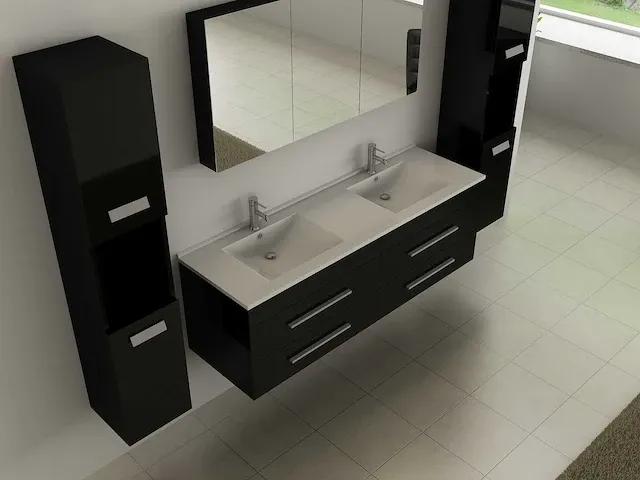 2-persoons badkamermeubel 150 cm hoogglans zwart - incl. kranen - afbeelding 2 van  4