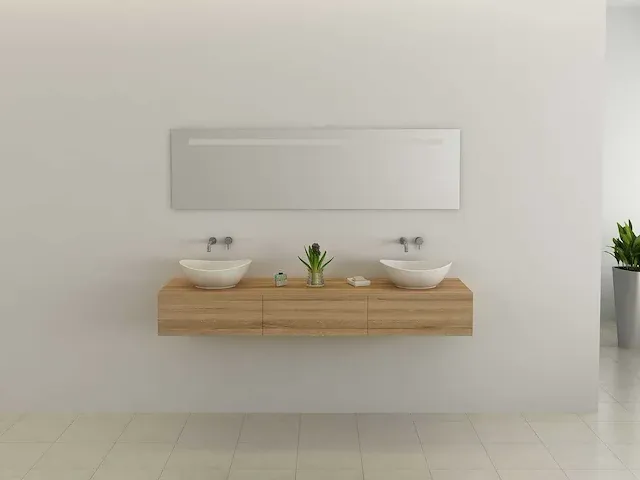 2-persoons badkamermeubel 180 cm licht hout decor - incl. kranen - afbeelding 3 van  9