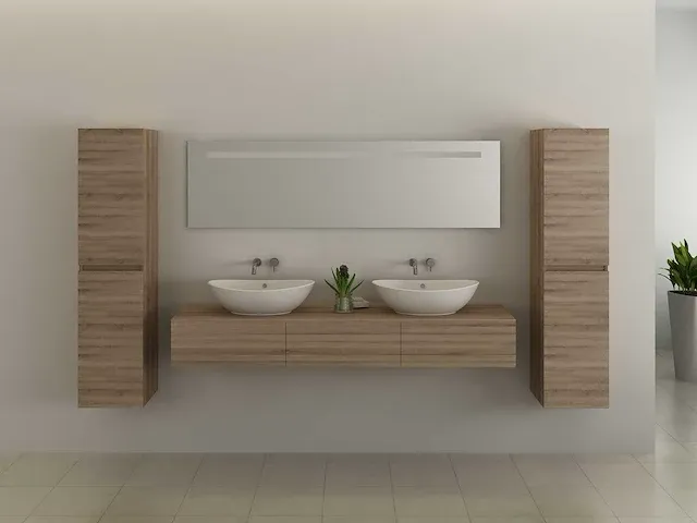 2-persoons badkamermeubel 180 cm licht hout decor - incl. kranen - afbeelding 6 van  9