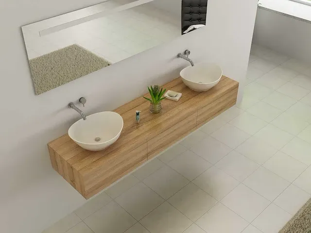 2-persoons badkamermeubel 180 cm licht hout decor - incl. kranen - afbeelding 2 van  9