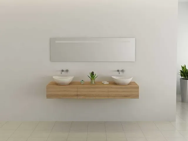 2-persoons badkamermeubel 180 cm licht hout decor - incl. kranen - afbeelding 3 van  9