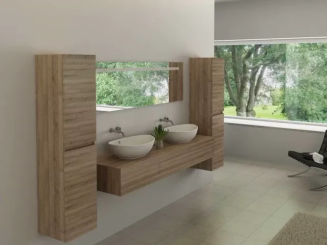 2-persoons badkamermeubel 180 cm licht hout decor - incl. kranen - afbeelding 5 van  9