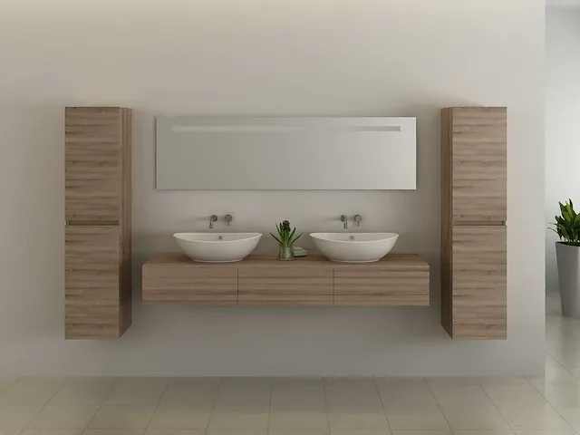 2-persoons badkamermeubel 180 cm licht hout decor - incl. kranen - afbeelding 6 van  9