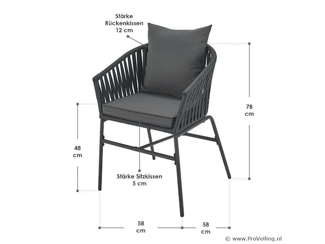 2 tuinstoelen met touwgaas - donkergrijs - incl. rug- en zitkussens - afbeelding 9 van  13