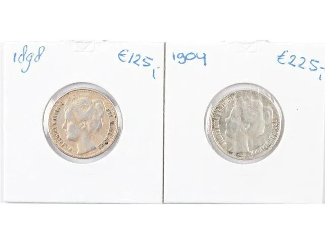 2 zilveren ½ guldens kon. wilhelmina , 1898, 1904 - afbeelding 1 van  2