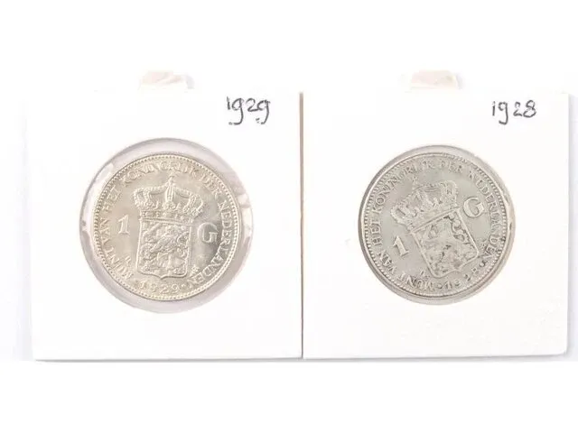 2 zilveren guldens koningin wilhelmina 1928, 1929 - afbeelding 1 van  2