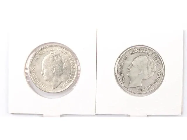 2 zilveren guldens koningin wilhelmina 1928, 1929 - afbeelding 2 van  2