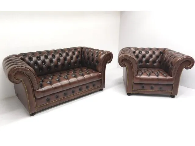 2 zits bank + fauteuil combinatie chesterfield, winchester, bruin - afbeelding 1 van  4