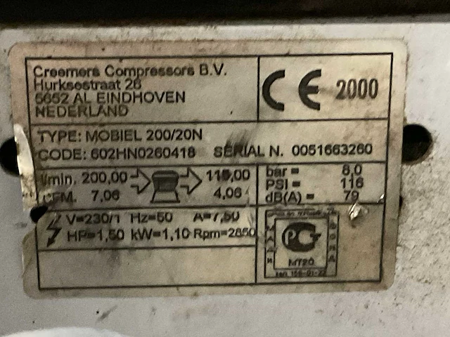 2000 creemers 200/20n luchtcompressor - afbeelding 3 van  3