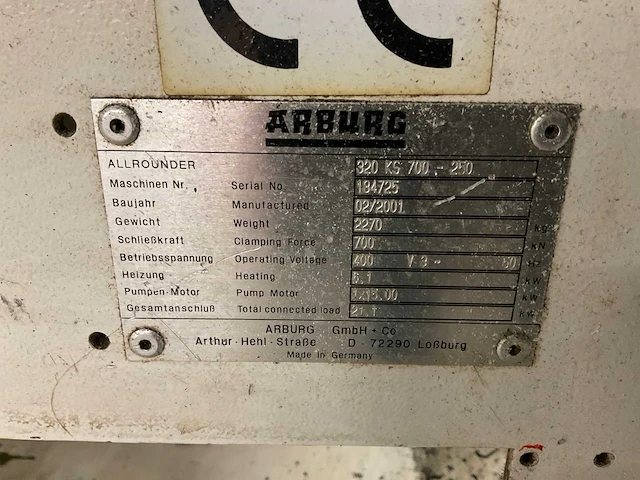 2001 arburg 320k allrounder 700-250 spuitgietmachine - afbeelding 10 van  20
