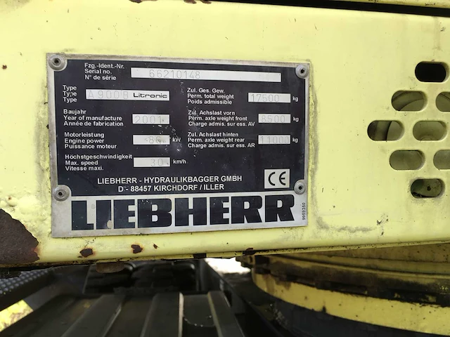 2001 liebherr a 900 b litronic banden graafmachine - afbeelding 20 van  30
