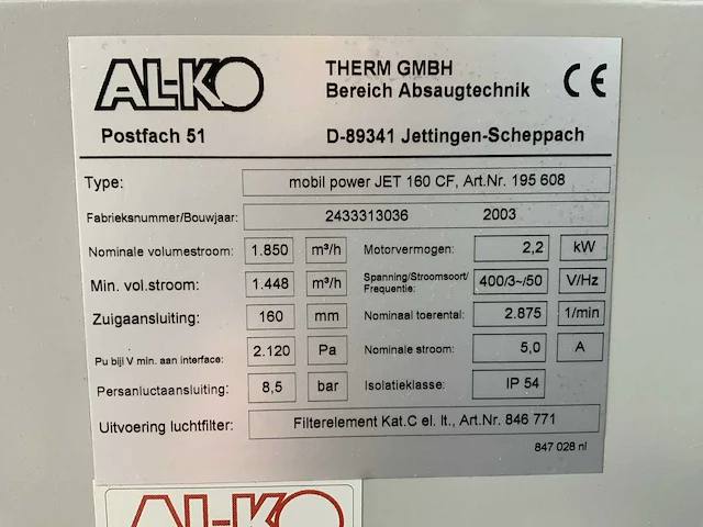 2003 al-ko mobil power jet 160 mobiele afzuiginstallatie - afbeelding 8 van  8