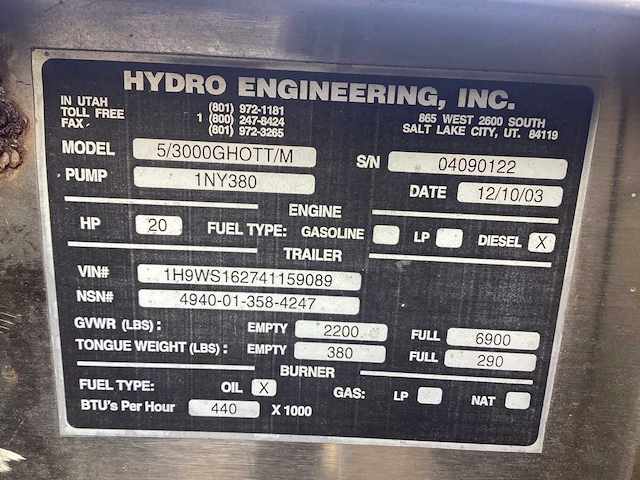 2003 hydro engineering inc. 5/3000ghott/m hogedrukreiniger - afbeelding 9 van  9