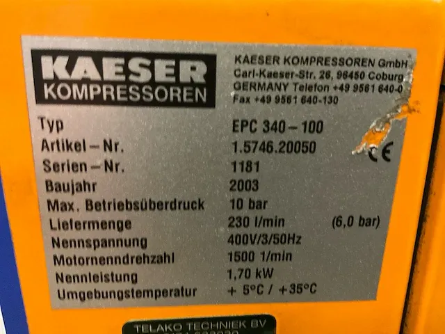 2003 kaeser epc 340-100 zuigercompressor met luchtdroger - afbeelding 13 van  13