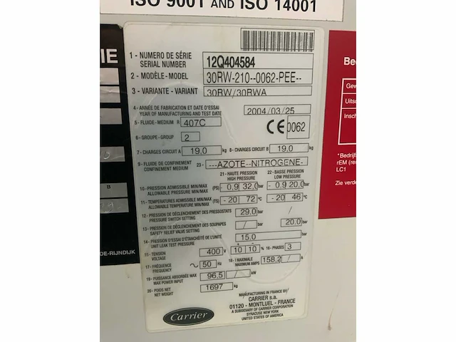 2004 carrier 30rw-210-0062-pee chiller - afbeelding 9 van  9