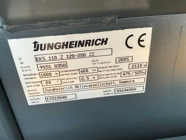 2005 jungheinrich eks110z120-280zz orderpicker - afbeelding 9 van  17