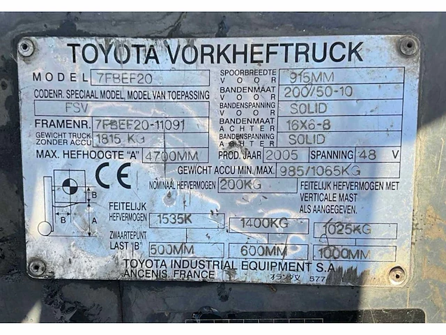 2005 toyota 7fbef20 vorkheftruck - afbeelding 28 van  34