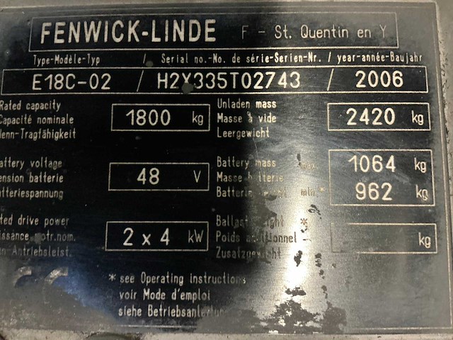 2006 linde-fenwick e18c-02 vorkheftruck - afbeelding 1 van  1