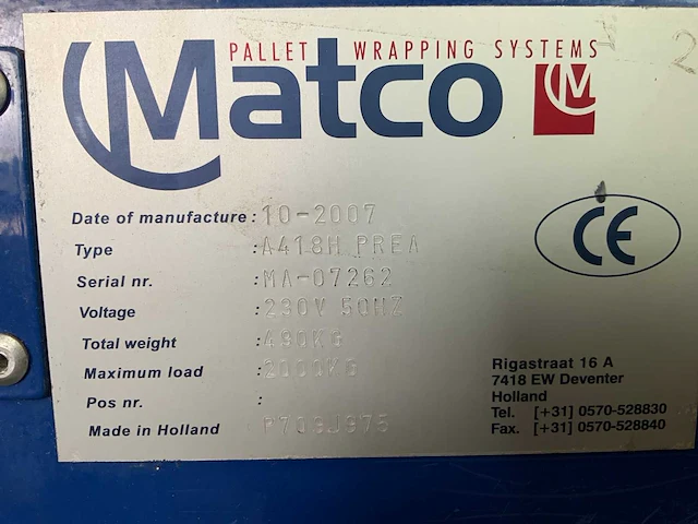 2007 matco a418h prea palletfoliewikkelaar - afbeelding 10 van  18