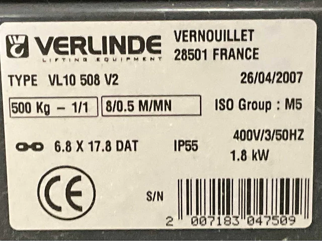 2007 verlinde vl10 508 elektrische kettingtakel - afbeelding 7 van  7