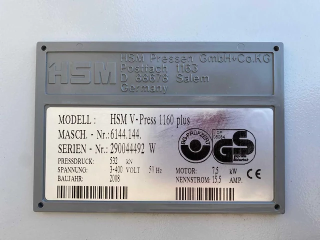 2008 hsm v-press 1160 plus afvalpers - afbeelding 9 van  11