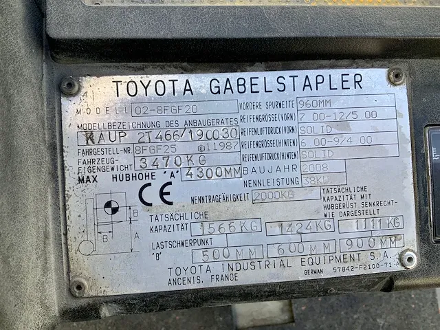 2008 toyota 02-8fgf20 vorkheftruck - afbeelding 8 van  26