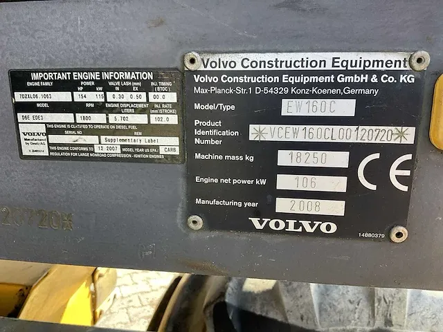 2008 volvo ew160c banden graafmachine - afbeelding 9 van  43