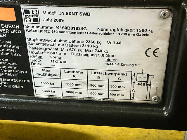 2009 hyster j1.5xnt vorkheftruck - afbeelding 8 van  16