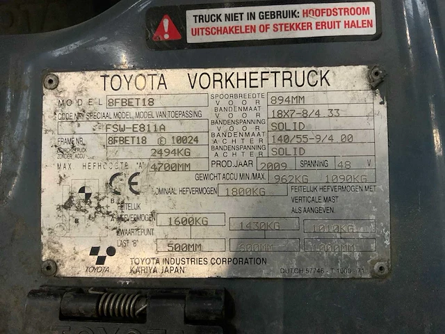 2009 toyota 8fbet18 vorkheftruck met accu van 2023 - afbeelding 26 van  31