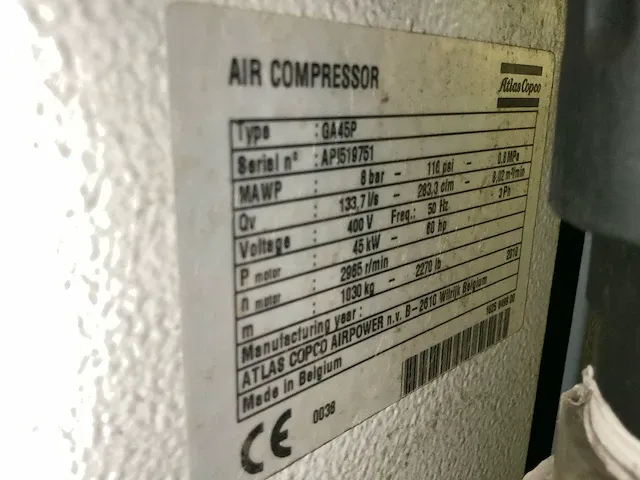 2010 atlas copco ga45p workplace air system schroefcompressor - afbeelding 7 van  8