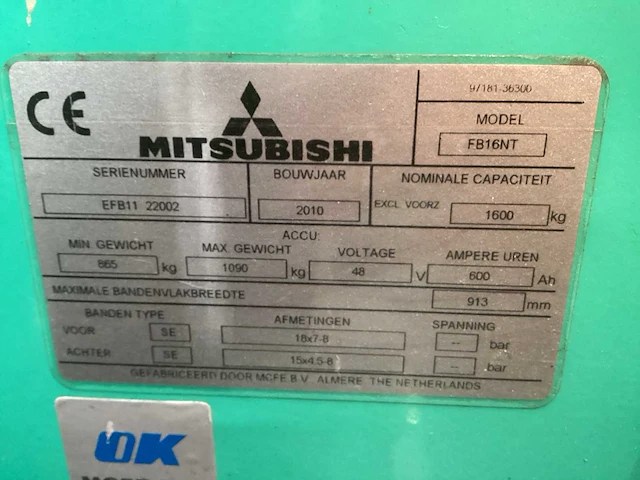 2010 mitsubishi fb16nt vorkheftruck - afbeelding 11 van  11