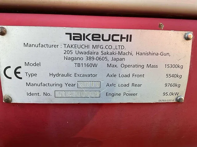 2010 takeuchi tb1160w banden graafmachine - afbeelding 35 van  40