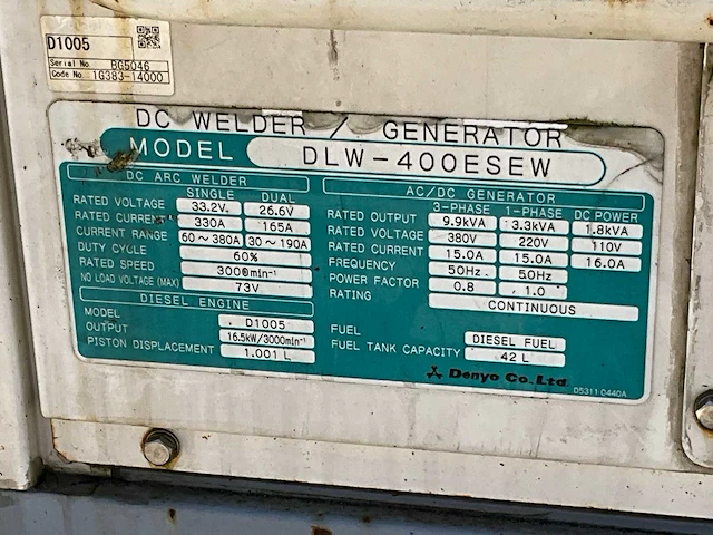 2011 denyo dlw 400esew dc lasaggregaat / ac stroomaggregaat aanhangwagen - afbeelding 19 van  19