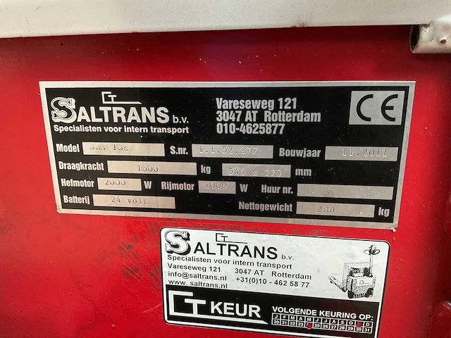 2011 saltrans seh16c elektrische palletwagen - afbeelding 5 van  7