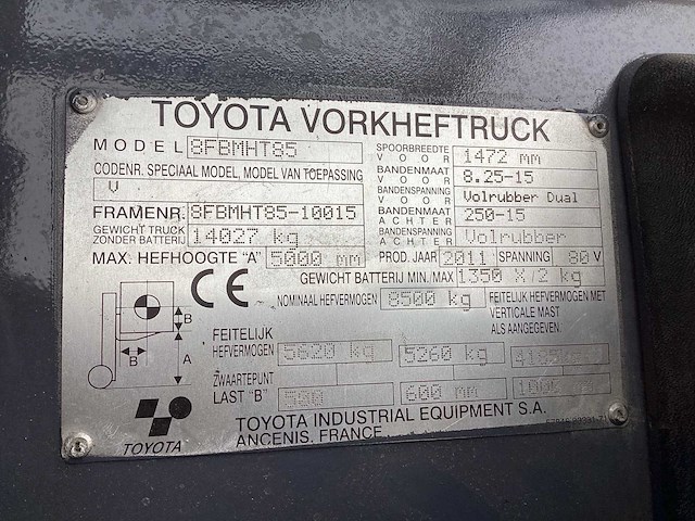2011 toyota 8fbmht85 vorkheftruck - afbeelding 15 van  15