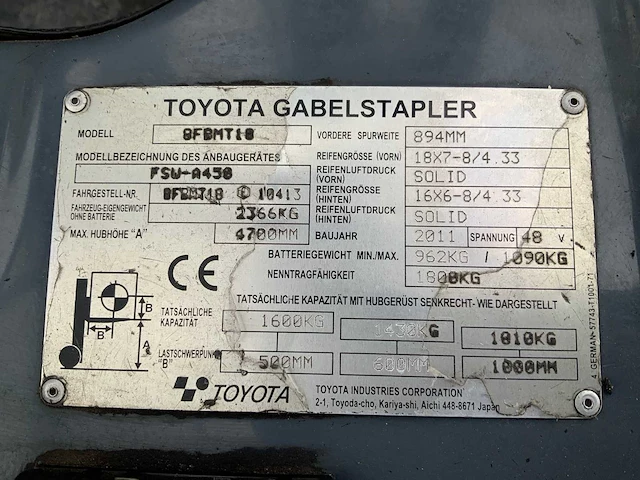 2011 toyota 8fbmt18 vorkheftruck - afbeelding 15 van  32
