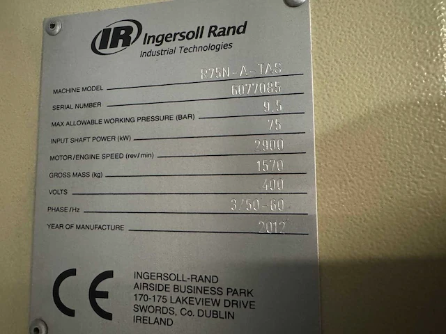 2012 ingersoll rand r75n-a-tas compressor - afbeelding 24 van  34
