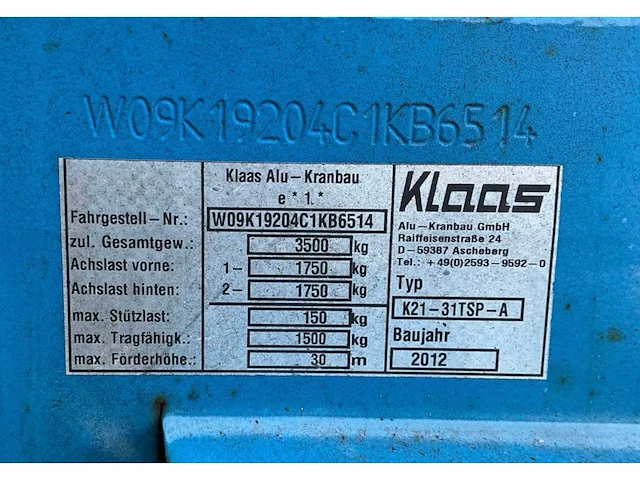 2012 klaas alu kran k21-31ts premium aanhangerkraan - afbeelding 37 van  43
