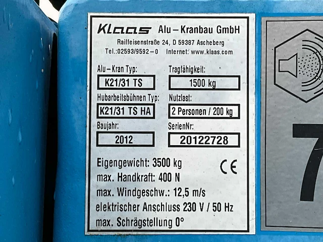 2012 klaas alu kran k21-31ts premium aanhangerkraan - afbeelding 38 van  43