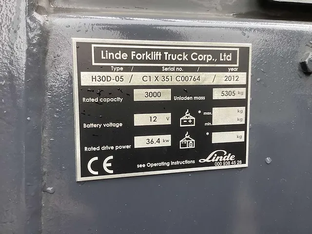 2012 linde h30d-05 vorkheftruck - afbeelding 13 van  20