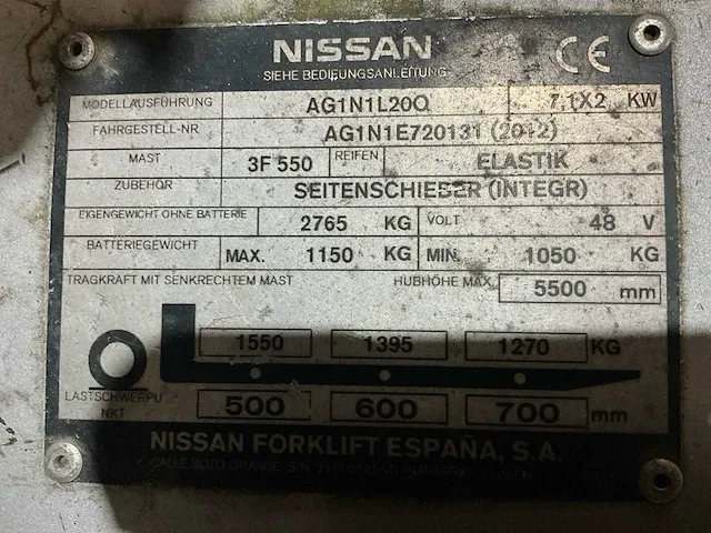 2012 nissan ag1n1l20q vorkheftruck - afbeelding 4 van  12