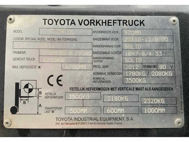 2012 toyota 7fbmf35 vorkheftruck - afbeelding 19 van  26