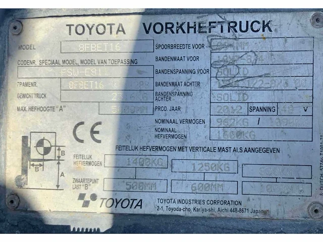 2012 toyota 8fbet16 vorkheftruck - afbeelding 16 van  23