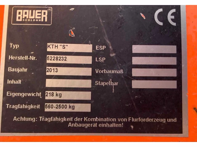 2013 bauer kth “s” 2,5 heftruck hijsjib / hijsarm - afbeelding 5 van  5