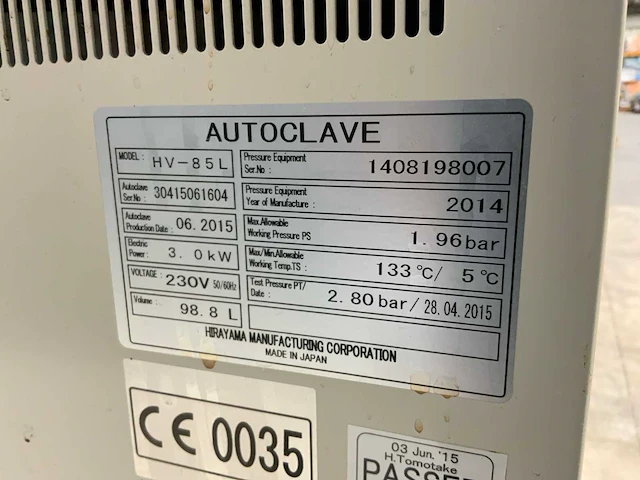 2014 hirayama hmc hv-85l laboratorium autoclaaf - afbeelding 5 van  7