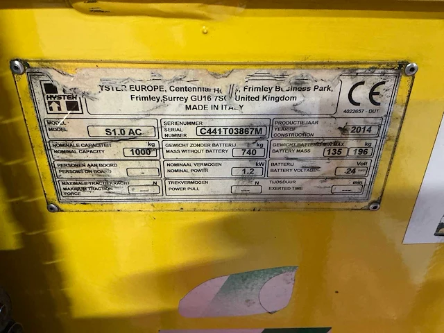 2014 hyster s1.0 ac elektrische palletwagen - afbeelding 7 van  15